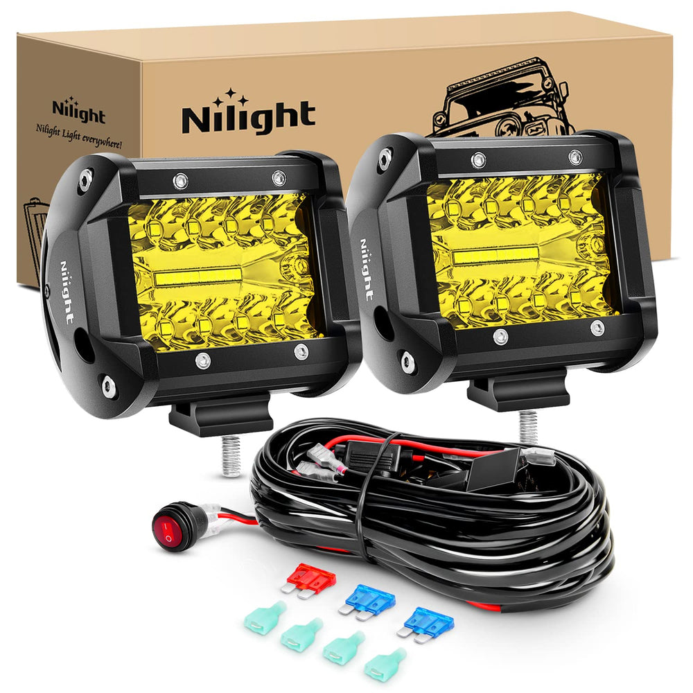 Nilight 2PC 4 inch yellow LED pods front view enhances night visibility.