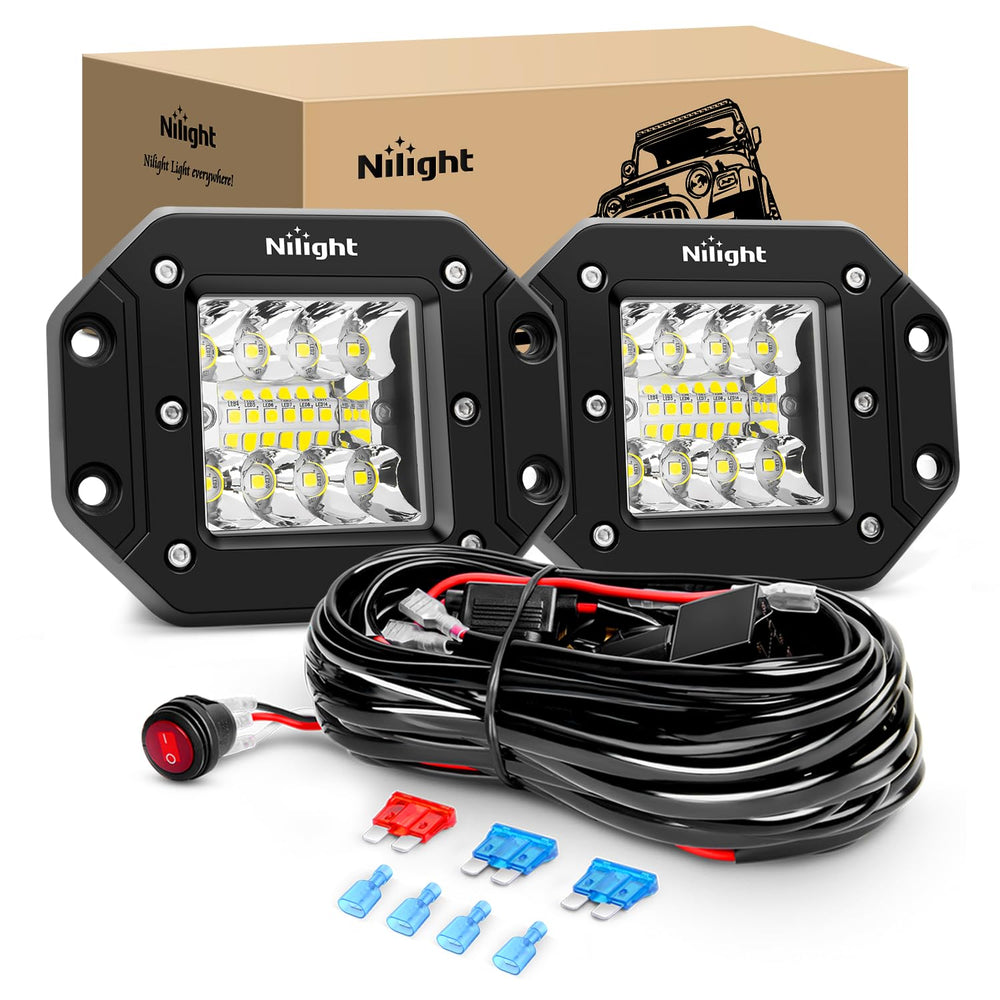 Nilight 2pcs 42W flush mount pods spot beam for focused highway visibility.