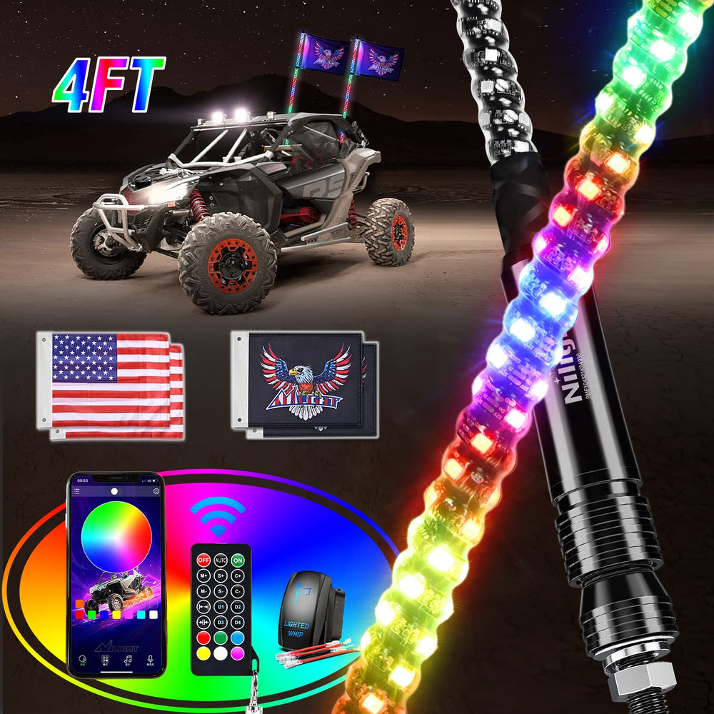 Nilight 2-pack RGB whip lights mounted on ATV for bright night visibility on trails.