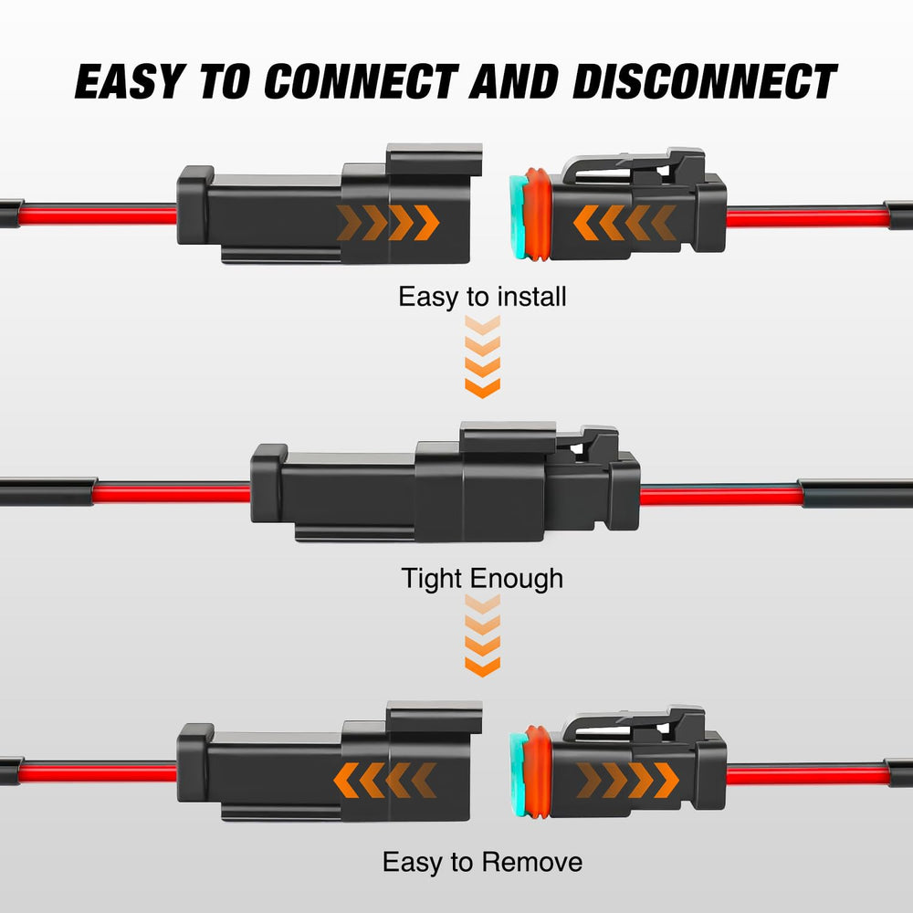 Nilight DT connector sealed wiring entry demonstrates dustproof and waterproof protection for outdoors use