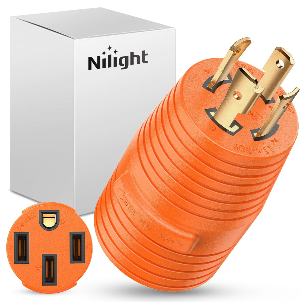 Nilight 30A to 50A RV adapter front view ready for campground connections