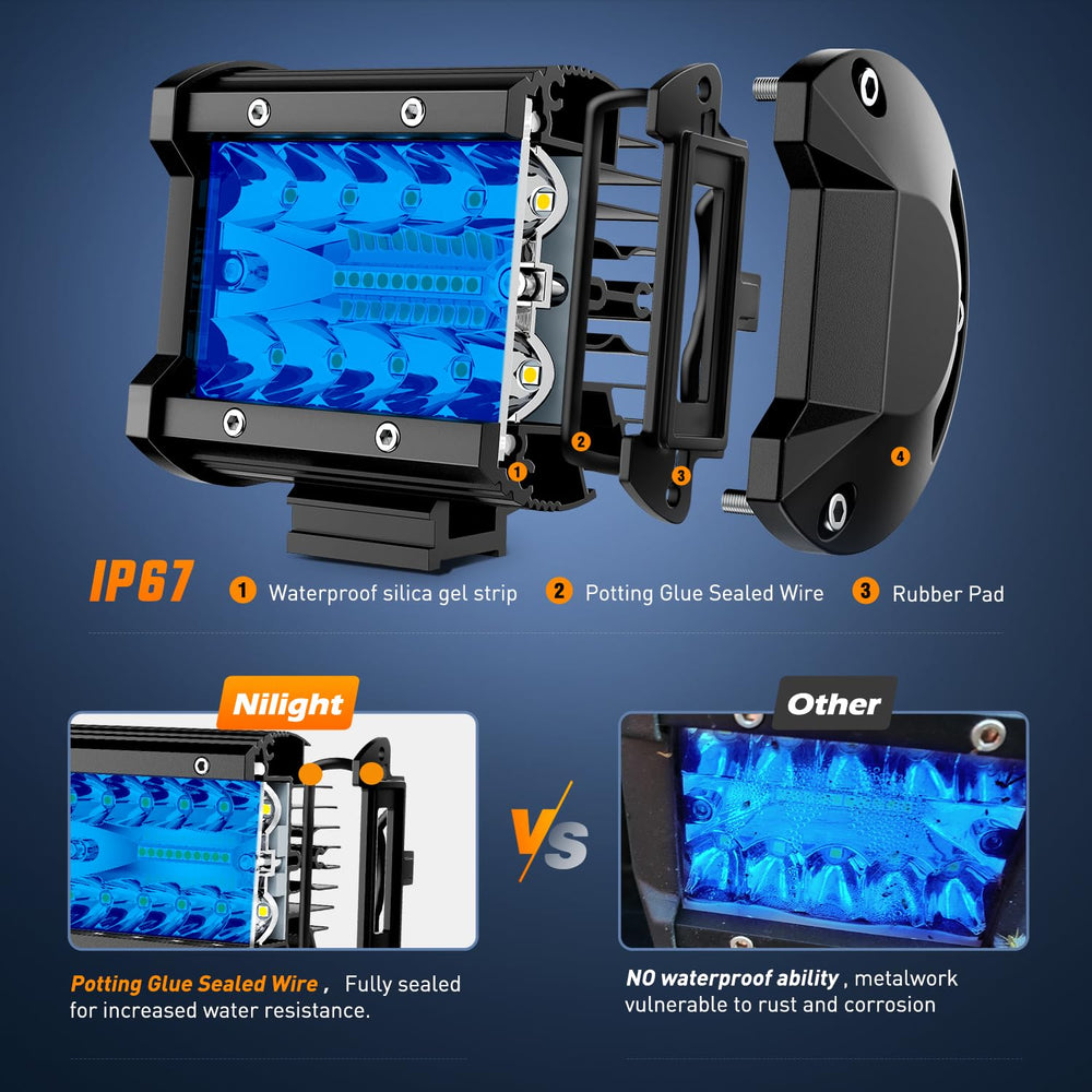 Nilight 4in LED light pod blue triple row adjustable bracket enables flexible beam aiming