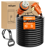 Nilight 50A RV locking extension cord at campsite enabling reliable power access.