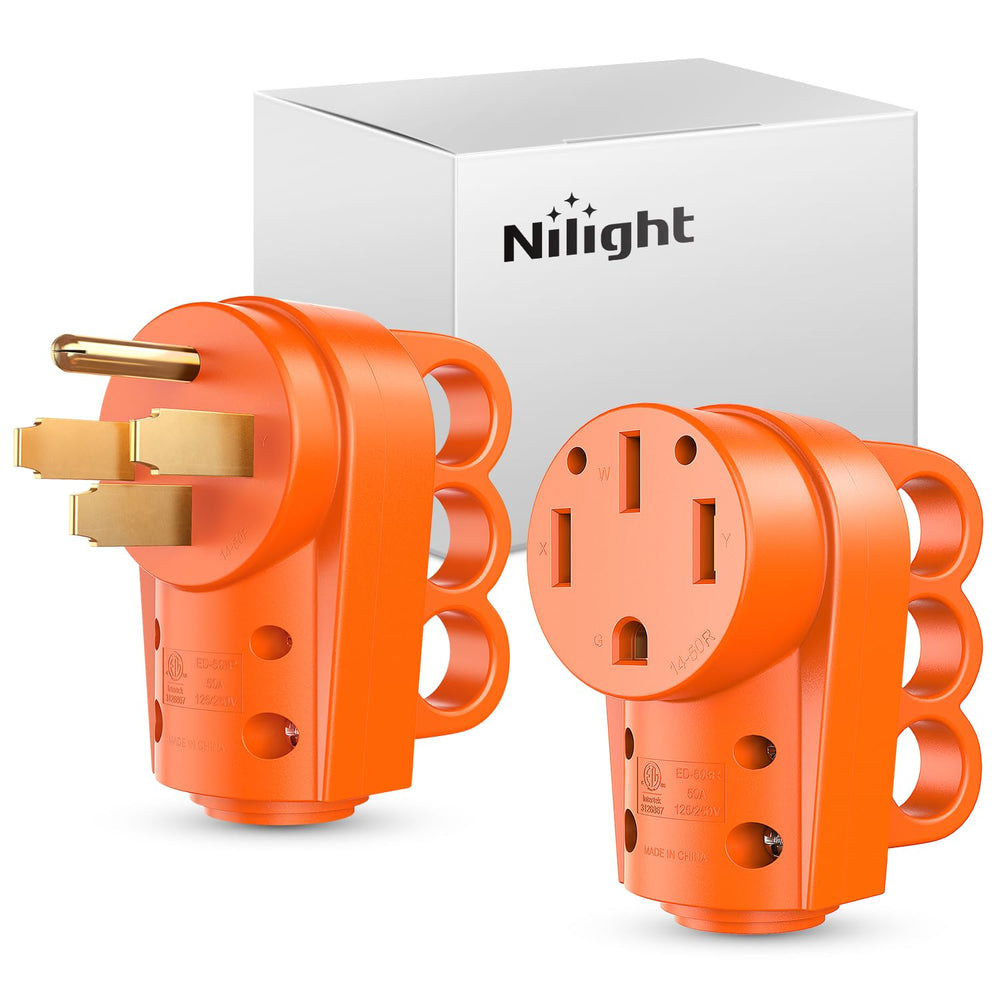 Nilight 50A RV plug 14-50P close-up showcasing durable prongs for reliable power.