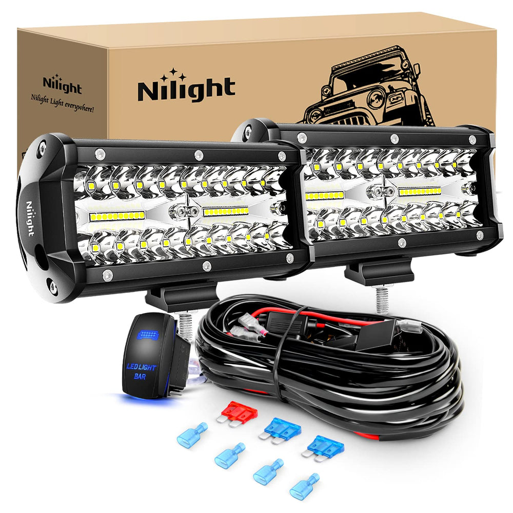 Nilight 6.5-inch spot-flood bar illuminating off-road at night for better visibility