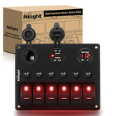 Nilight 6-gang panel front view with red backlit switches for clear visibility