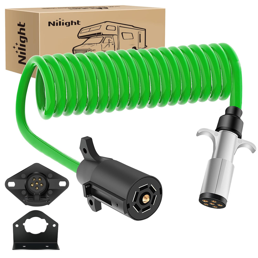 Nilight 7-pin to 6-pin trailer adapter with coiled cable for easy, tidy connections.