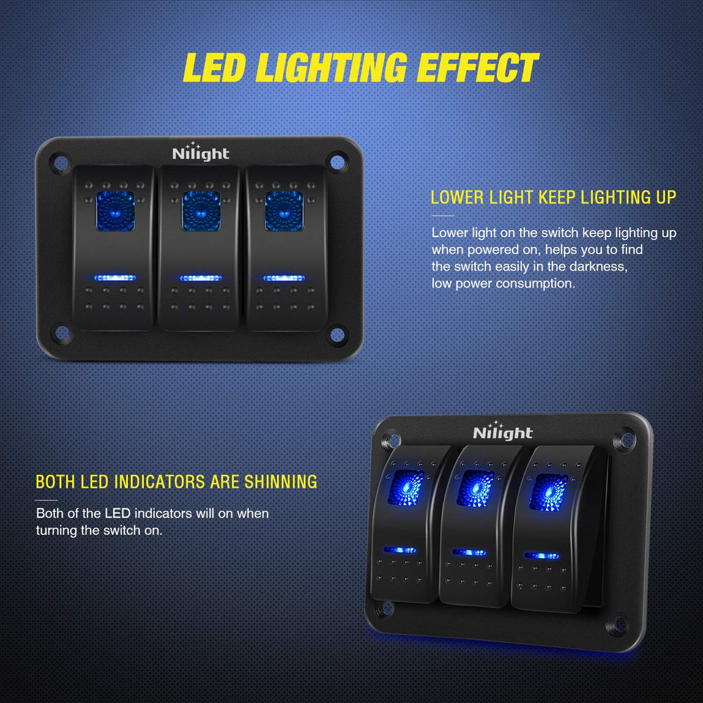 Nilight 90017C blue rocker switches visible in dim lighting