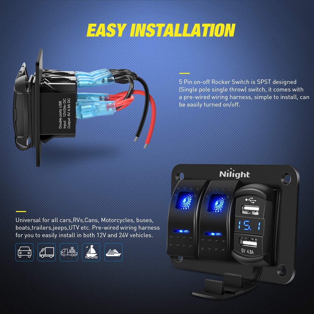 Nilight 90116C installed on a vehicle dash demonstrates convenient access and organization.