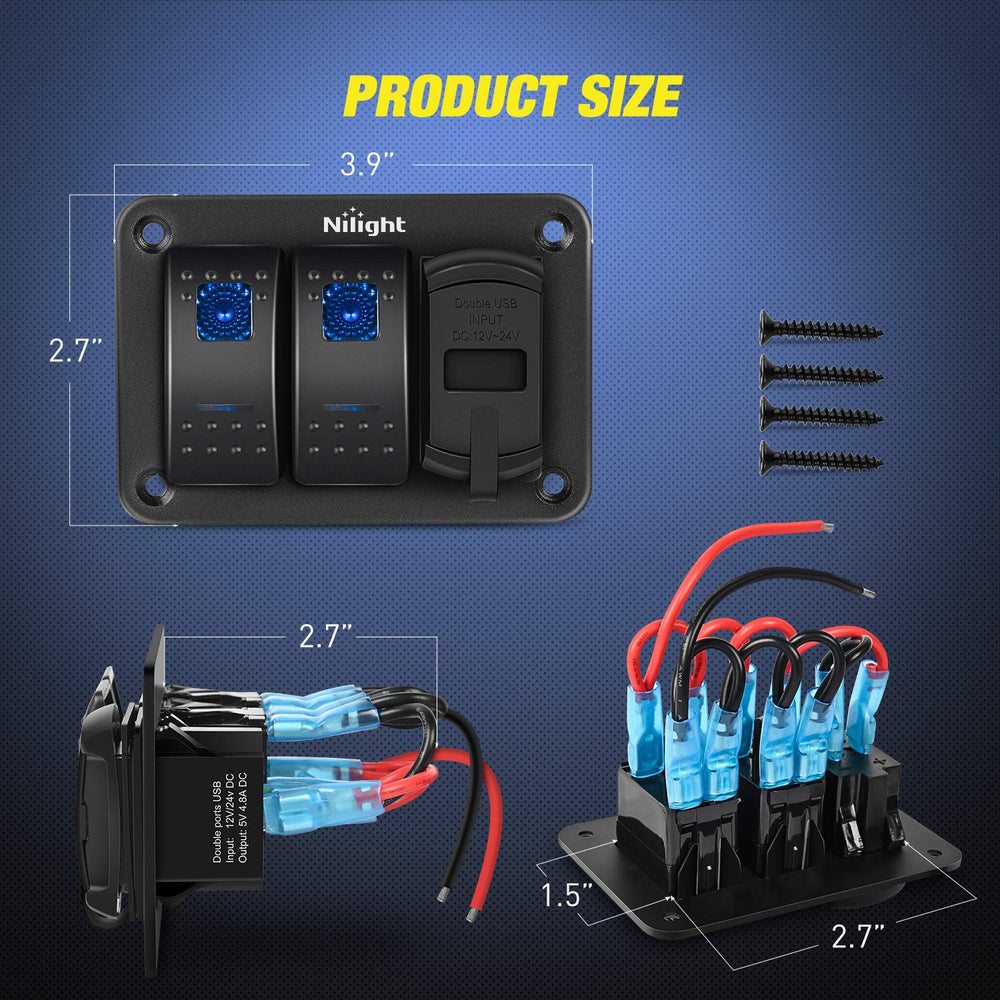 Nilight 90116C USB voltmeter close-up shows dual ports delivering fast charging in 12-24V setups.