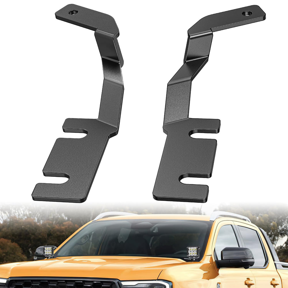 Nilight ditch light brackets installed on Ford Ranger hood for rugged off-road lighting.