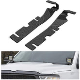 Nilight ditch light brackets on Dodge Ram hood hinges for secure offroad lighting.