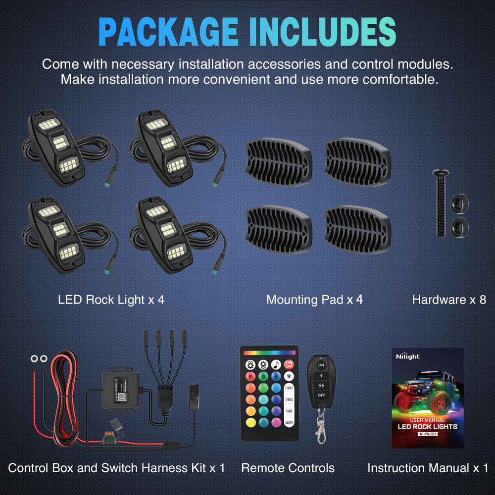Nilight RGBW colors enable customizable undercar lighting.