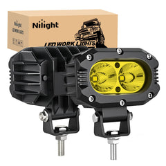 Nilight LED Pod Light 24W front view with yellow flood beam for off-road visibility