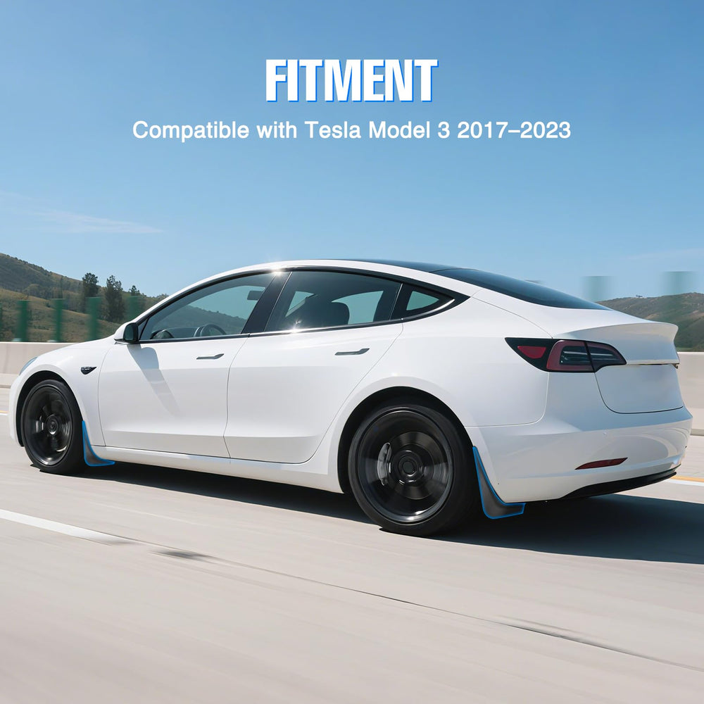 Nilight mud flaps on Tesla Model 3 side profile enhancing rugged aesthetics.