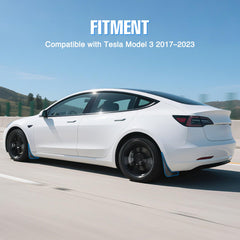 Nilight mud flaps on Tesla Model 3 side profile enhancing rugged aesthetics.