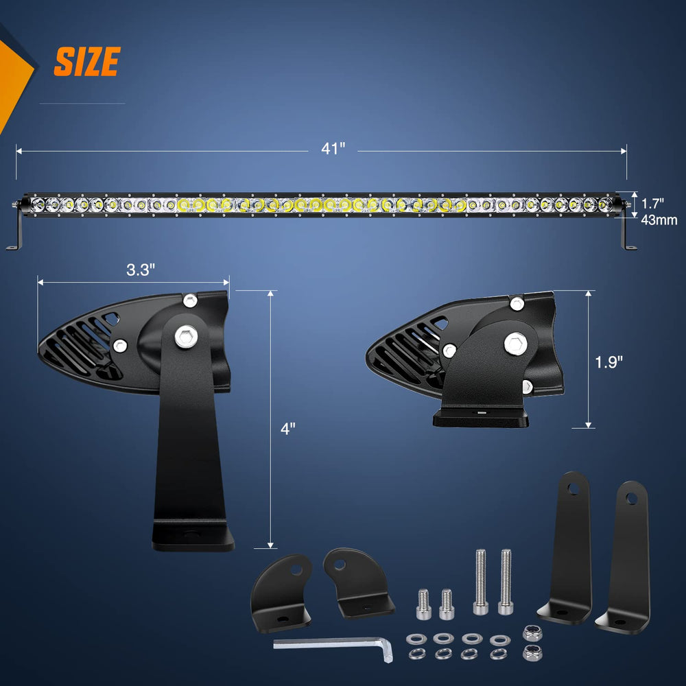 Nilight NI04-200W 41 inch light bar side mount shows adjustable brackets for flexible height and aim.