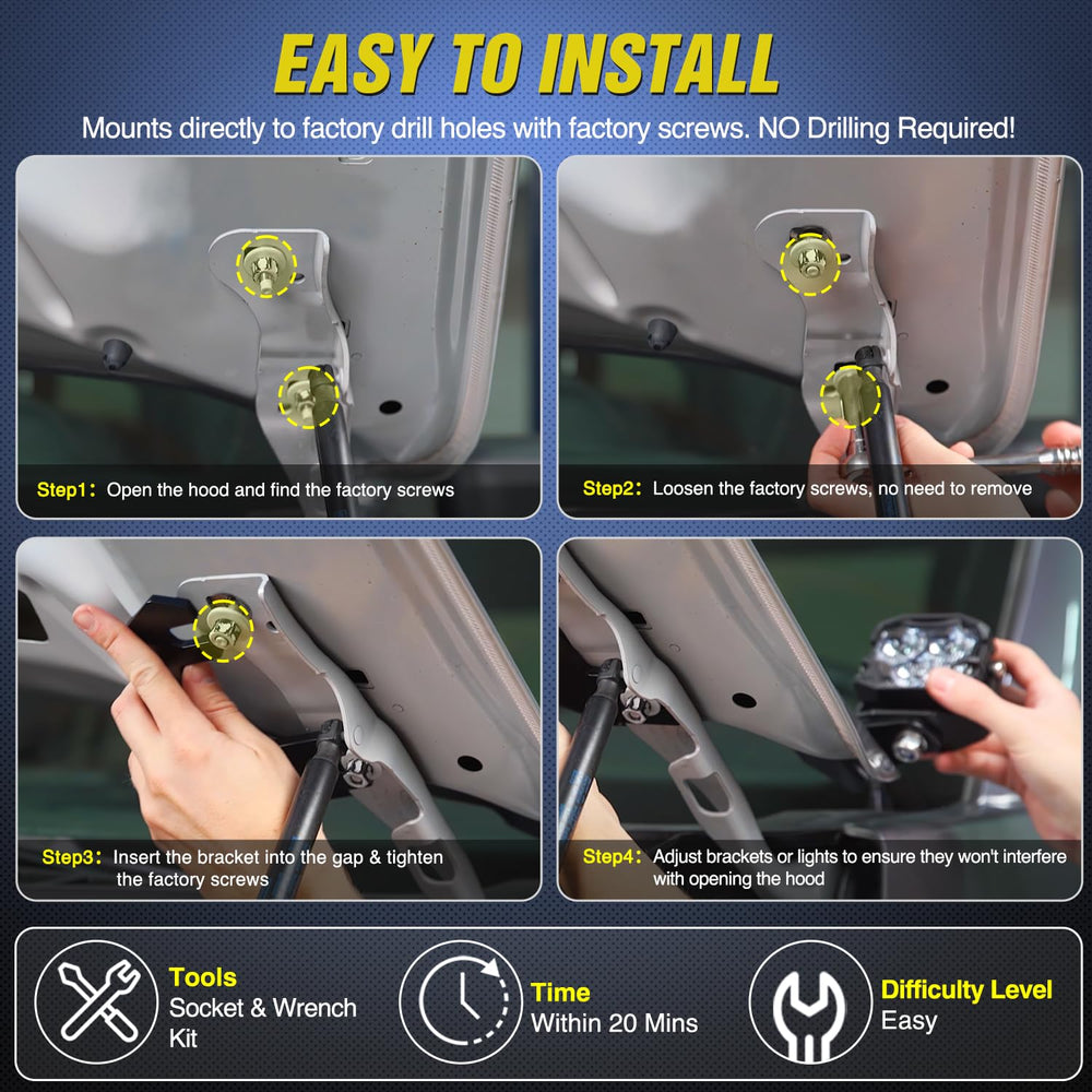 Nilight hood brackets installed without drilling using factory bolts for quick fit.