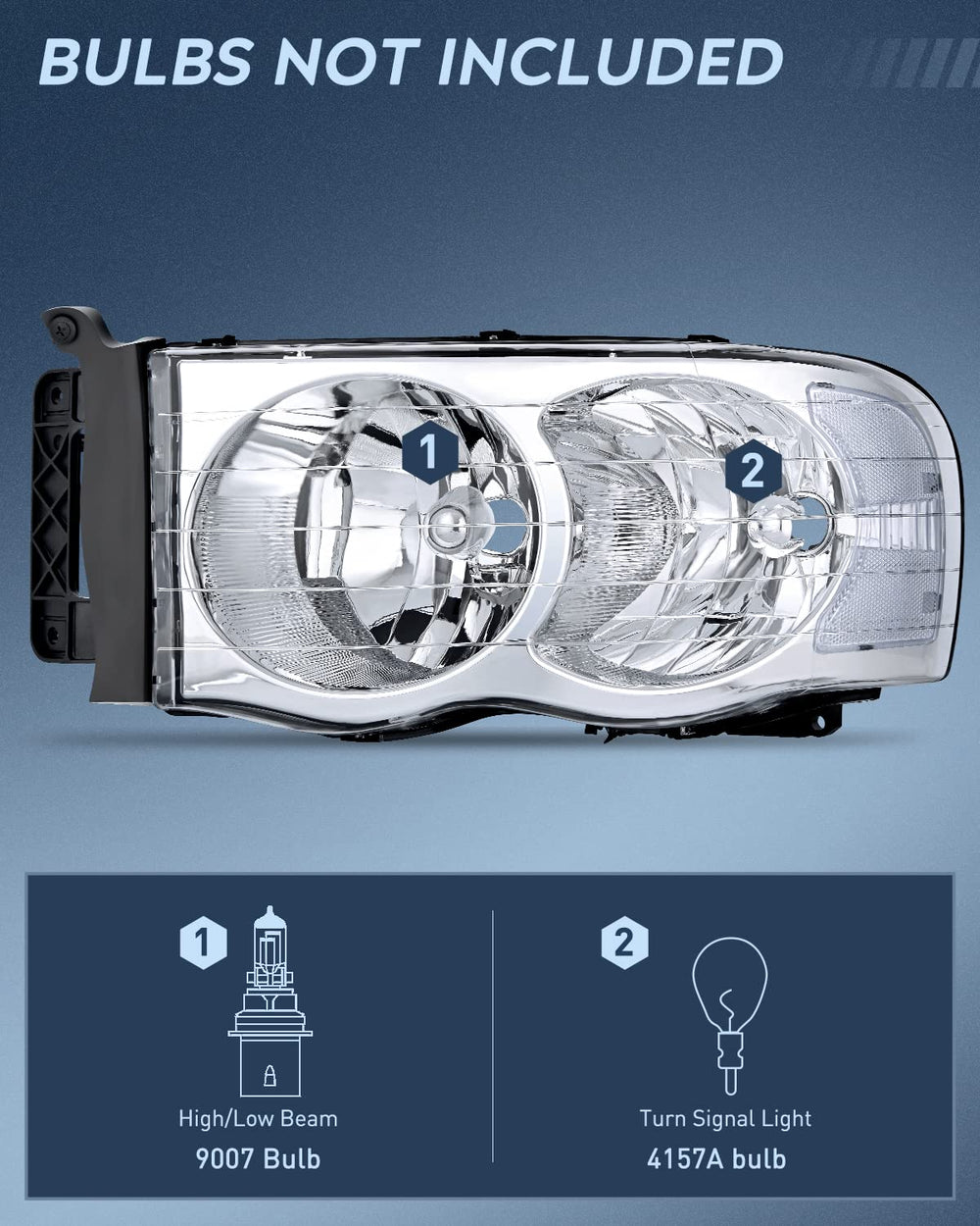 Nilight Ram headlight assembly passenger-side with chrome housing improves fit and visibility