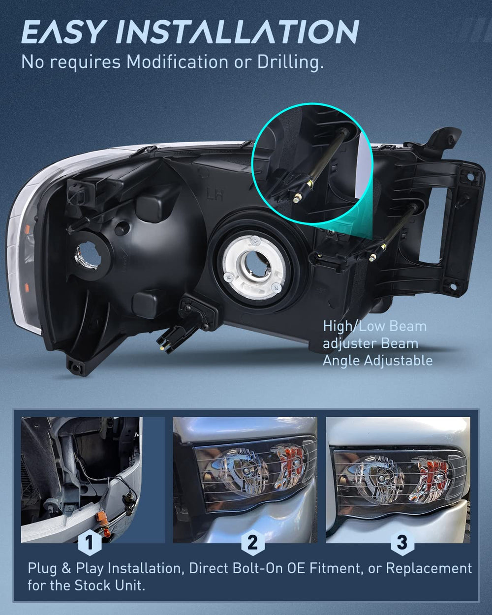Nilight Ram headlights passenger-side assembly provides reliable, factory-like fit and performance.