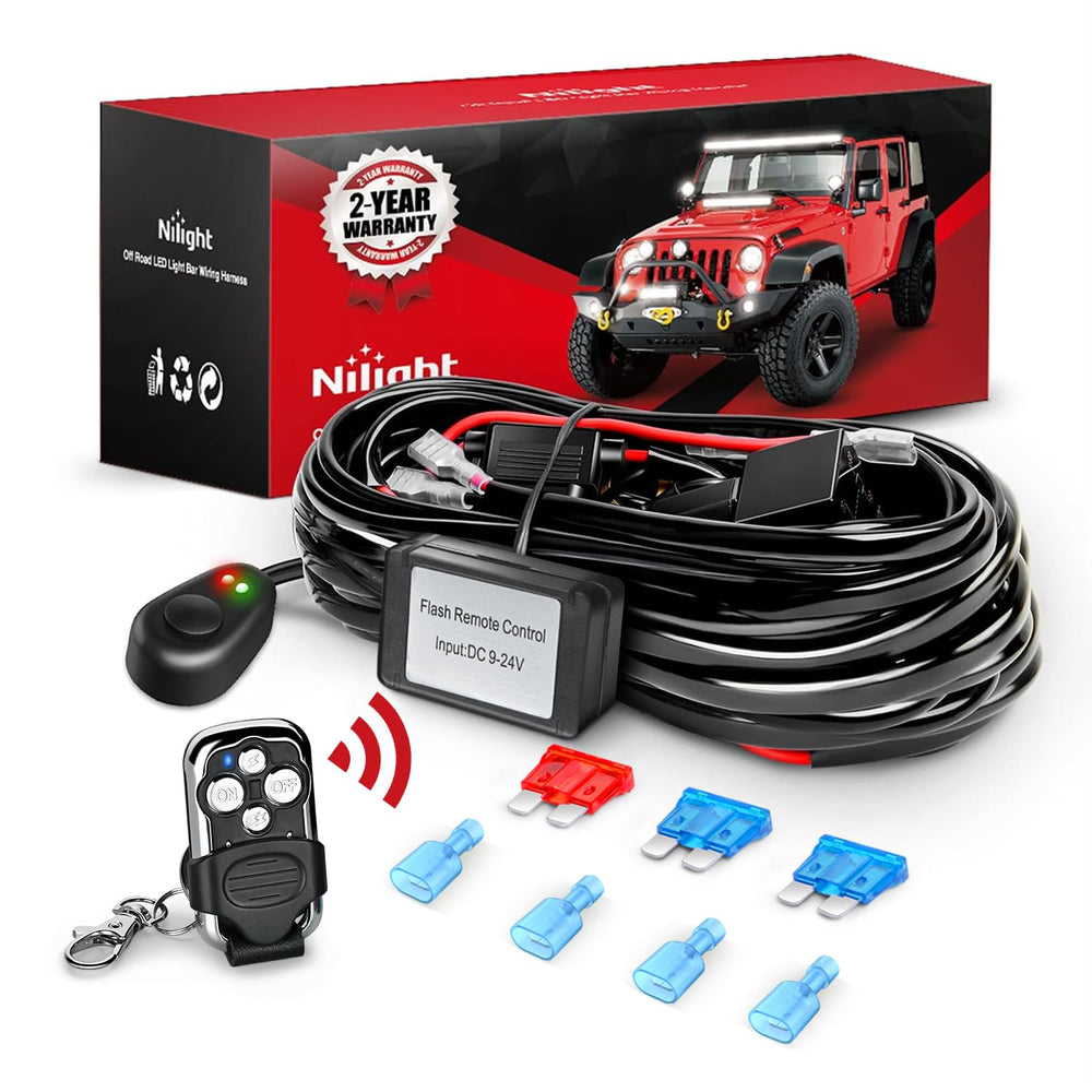 Nilight remote wiring harness with wireless controller for LED light bars, ideal for off-road control.