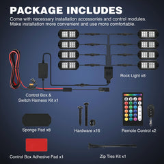 Nilight RGB Rock Lights packaging with hardware and sponges for setup