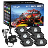 Nilight RGB Rock Lights kit front view with bold underglow for rugged vehicles.
