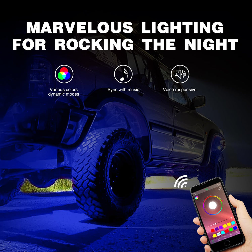 Nilight RGB Rock Lights pod closeup shows premium aluminum housing.