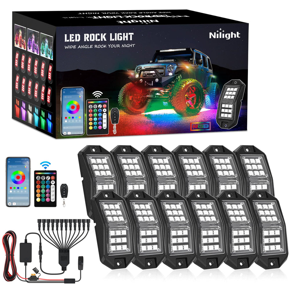 Nilight rock lights kit with 12 pieces and wide-angle LEDs for broader vehicle illumination.