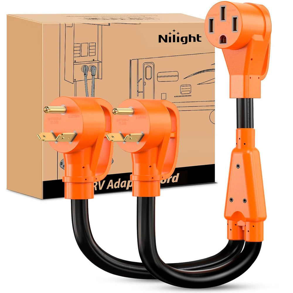 Nilight RV Y splitter showing TT-30P male to 14-50R outlet for RV power access