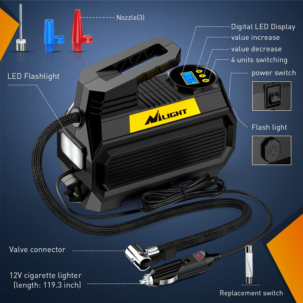 Nilight compact pump includes multiple nozzles for versatility.