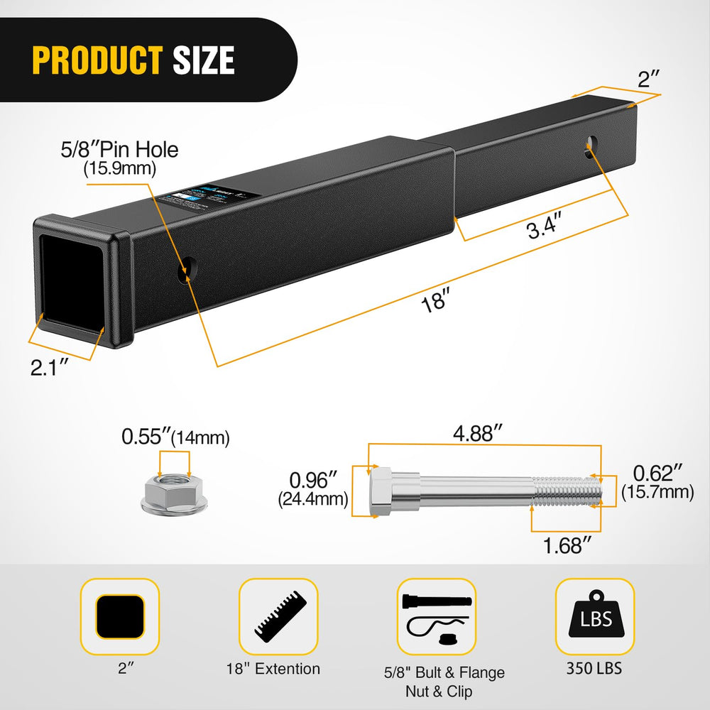 Nilight trailer hitch extender demonstrates 2-inch receiver compatibility for versatile setups.