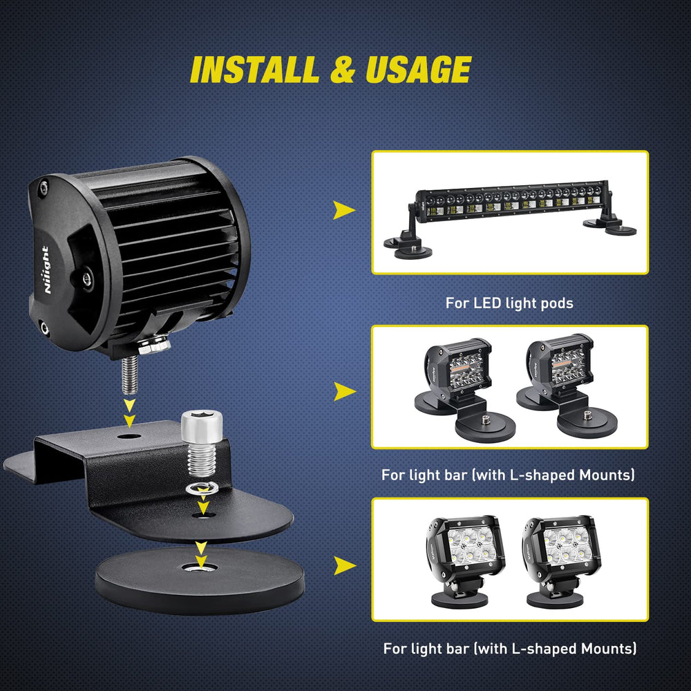 Nilight universal-fit base attaches to iron surfaces securely.