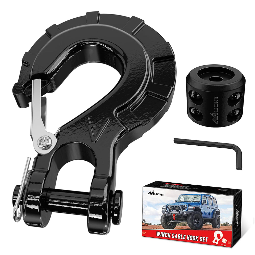 Nilight winch hook with integrated cable stopper protects winch motor during pulls.