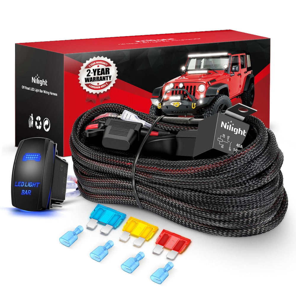Nilight wiring harness kit 14 AWG leads for reliable power routing in cars and trucks.