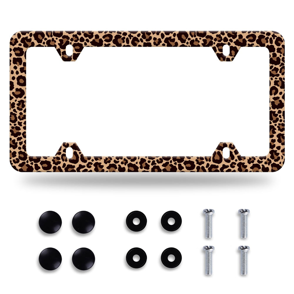 NINANMY brown leopard license-frame front-angle adds stylish protection for plates.