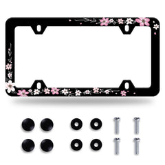 NINANMY pink cherry blossom license frame front view enhances car styling with stainless steel shine