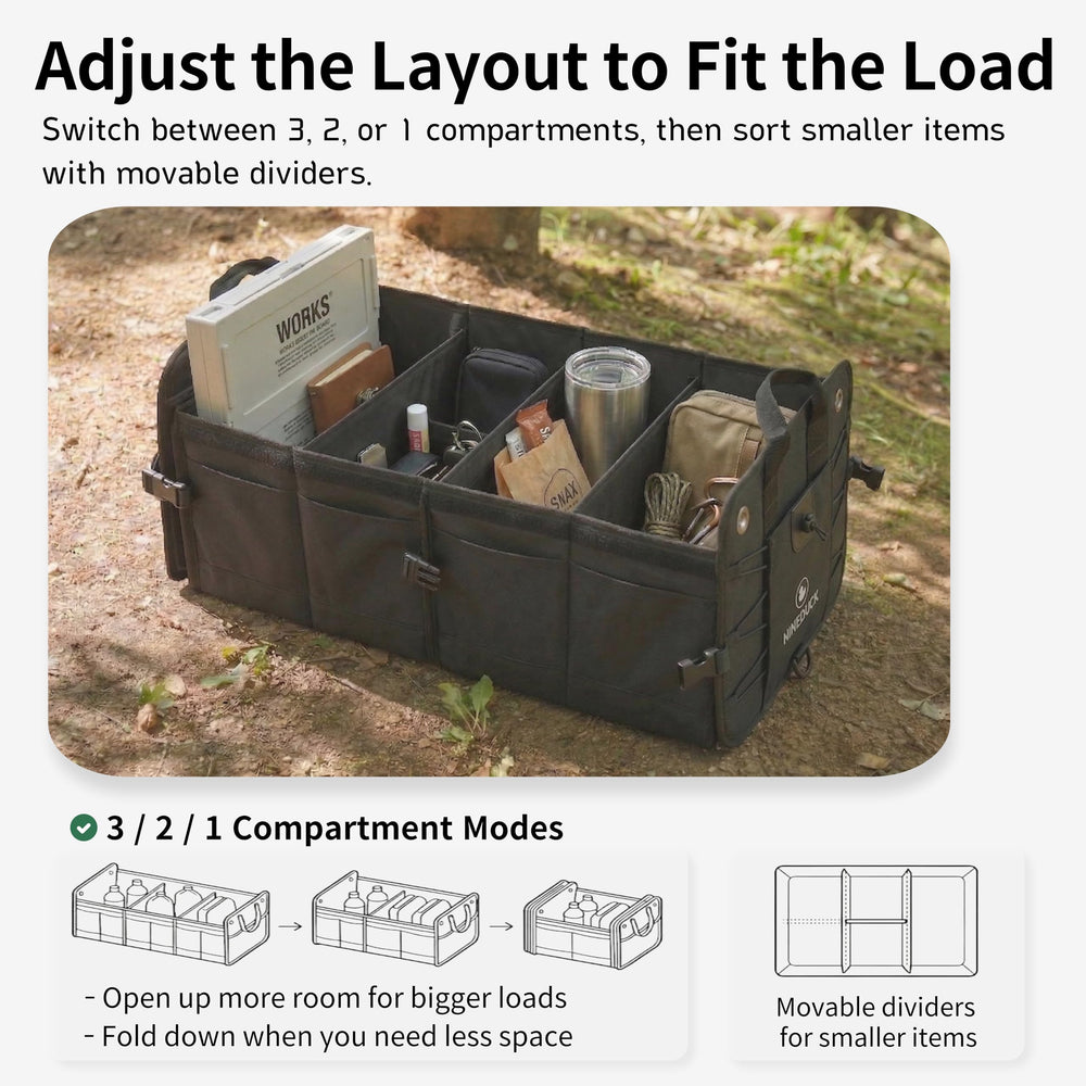 NINEDUCK trunk organizer anchor straps secure to vehicle points for stability.
