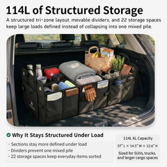 NINEDUCK trunk organizer tri-zone layout demonstrates organized cargo separation.
