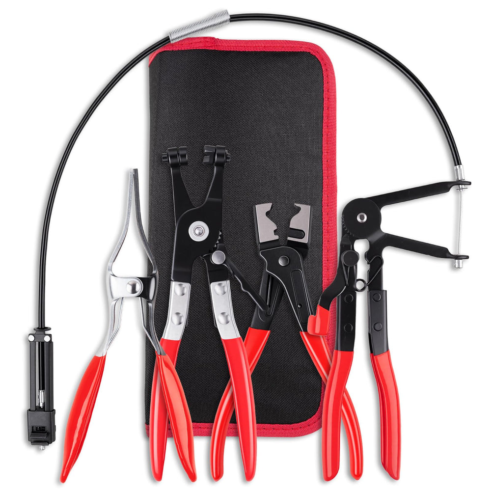 Nintival long-reach spring clamp plier in use for hard-to-reach automotive clamps