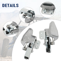 Nirakoka latch lock in rugged terrain illustrating safety upgrade on a utility vehicle.