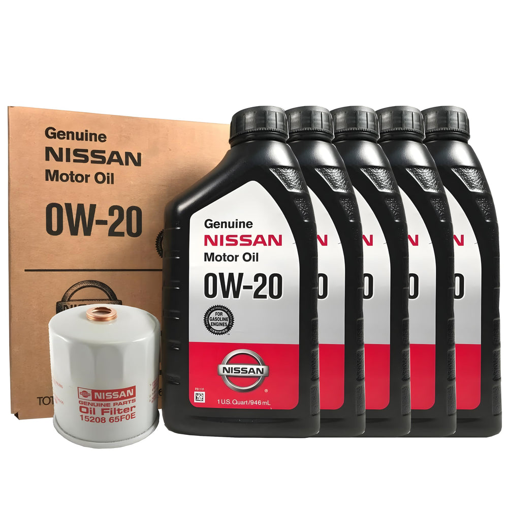 Nissan 0W-20 oil change kit with 5 quarts container for easy DIY maintenance.