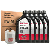 Nissan 0W-20 oil change kit with 5 quarts container for easy DIY maintenance.