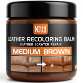 NIUB Leather Recoloring Balm bottle cap close-up showing even color restoration and scratch coverage.