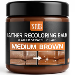 NIUB Leather Recoloring Balm bottle cap close-up showing even color restoration and scratch coverage.