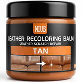 NIUB Leather Recoloring Balm bottle demonstrating color restoration on leather