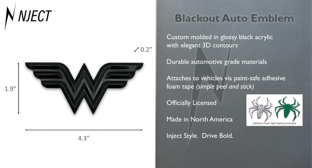 NJECT Wonder Woman emblem with glossy acrylic finish reflects light