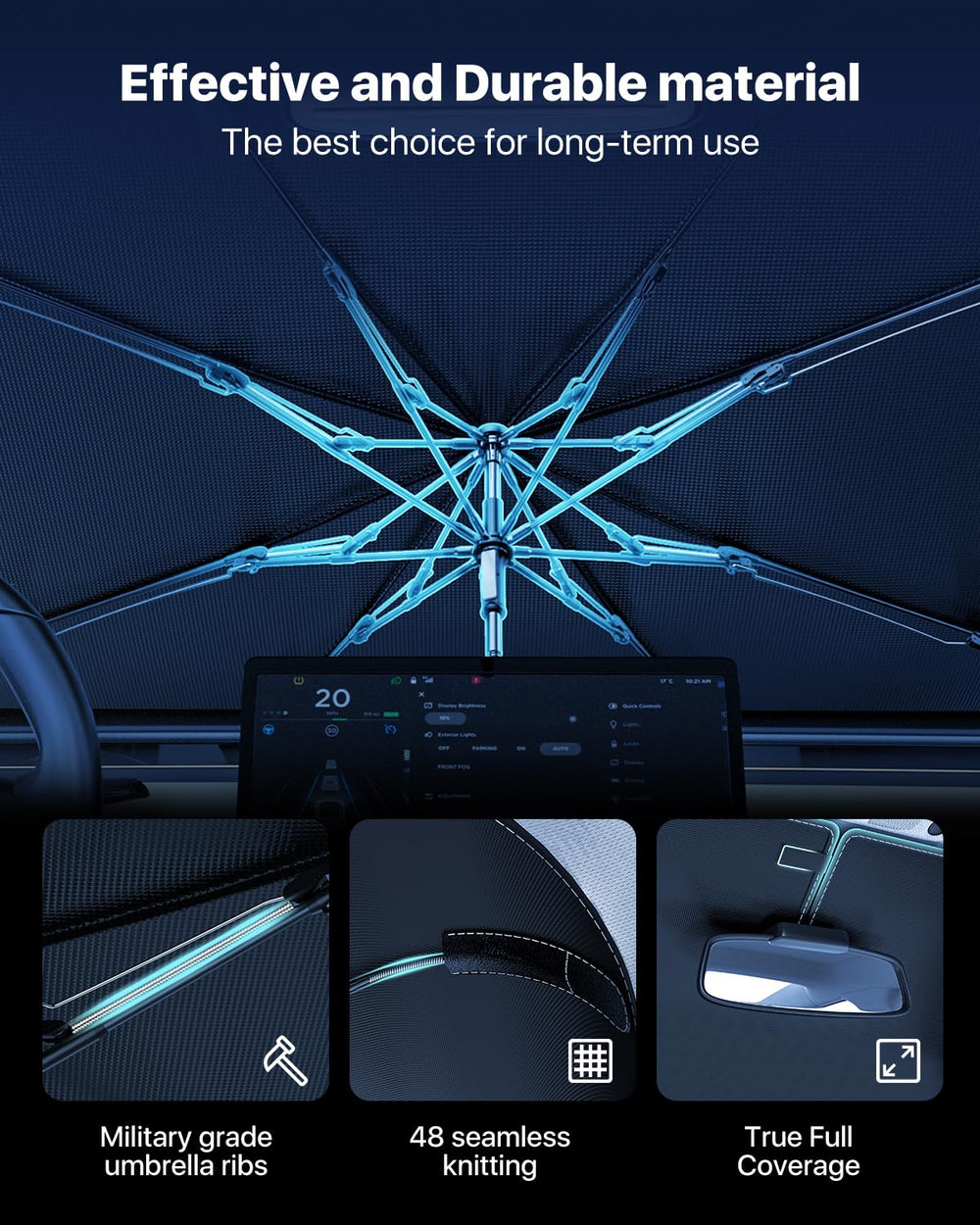 Corner springs protect the vehicle while shielding the interior from sun exposure.