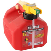 No-Spill 1415 red gas can with controlled spout pour reduces spills.