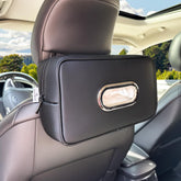 Noaman PU leather tissue holder mounted on backseat for easy access.